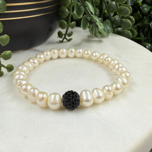 Cultured Freshwater Pearl Bracelet with Black Crystal Accent