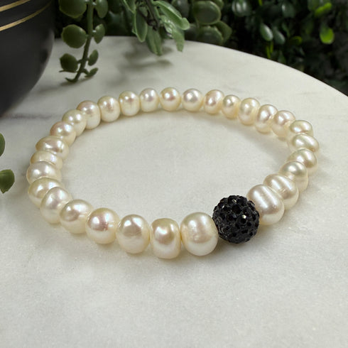 Cultured Freshwater Pearl Bracelet with Black Crystal Accent