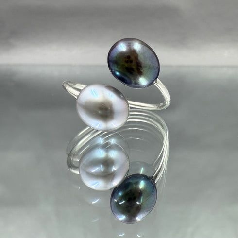 Grey and Peacock Pearl Adjustable Sterling Silver Ring
