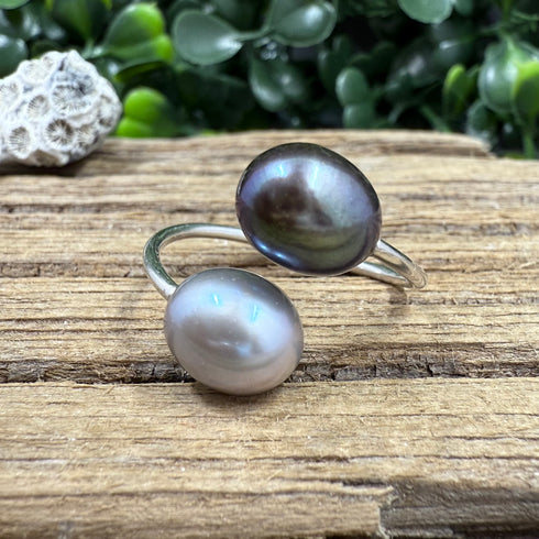 Grey and Peacock Pearl Adjustable Sterling Silver Ring