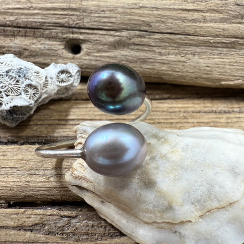 Grey and Peacock Pearl Adjustable Sterling Silver Ring