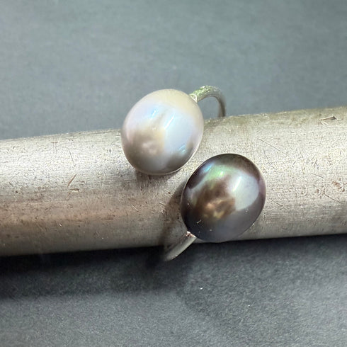 Grey and Peacock Pearl Adjustable Sterling Silver Ring