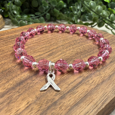 Breast Cancer Awareness Bracelet | Rose Crystal Beaded Sterling Silver Awareness Bracelets