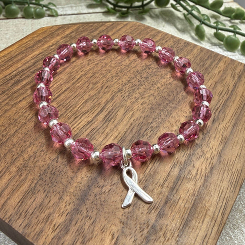 Breast Cancer Awareness Bracelet | Rose Crystal Beaded Sterling Silver Awareness Bracelets