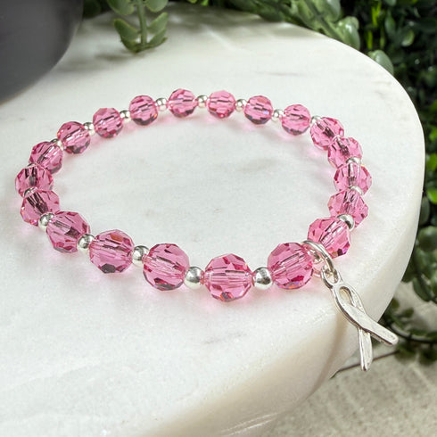Breast Cancer Awareness Bracelet | Rose Crystal Beaded Sterling Silver Awareness Bracelets