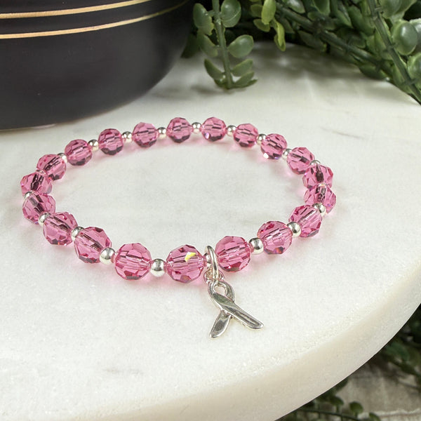 Breast Cancer Awareness Bracelet | Rose Crystal Beaded Sterling Silver Awareness Bracelets