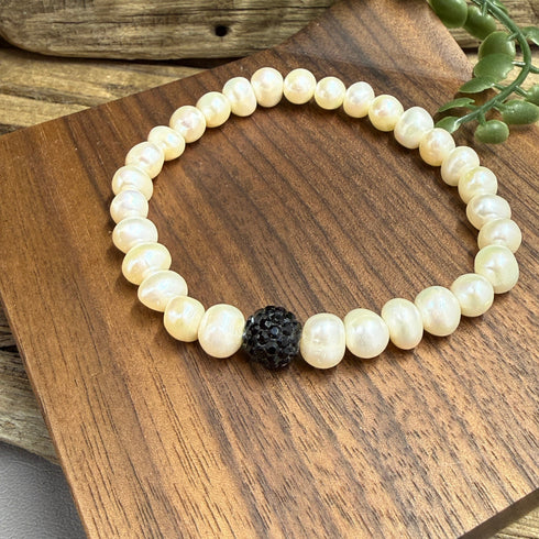 Cultured Freshwater Pearl Bracelet with Black Crystal Accent Bracelets