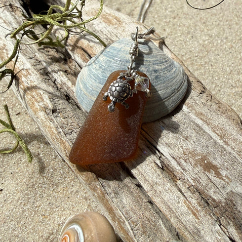 Cape May Brown Sea Glass Turtle Pendant Necklace Cape May Jewelry