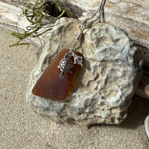 Cape May Brown Sea Glass Turtle Pendant Necklace Cape May Jewelry
