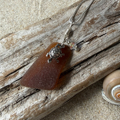 Cape May Brown Sea Glass Turtle Pendant Necklace Cape May Jewelry