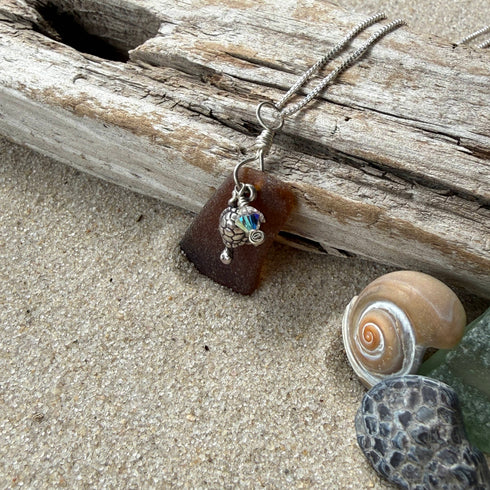 Cape May Brown Sea Glass Turtle Pendant Necklace Cape May Jewelry