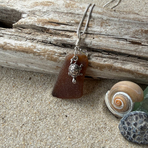 Cape May Brown Sea Glass Turtle Pendant Necklace Cape May Jewelry