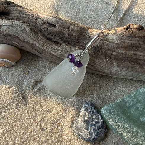 Cape May Clear Sea Glass Pendant with Amethyst and Crystal Accents Cape May Jewelry