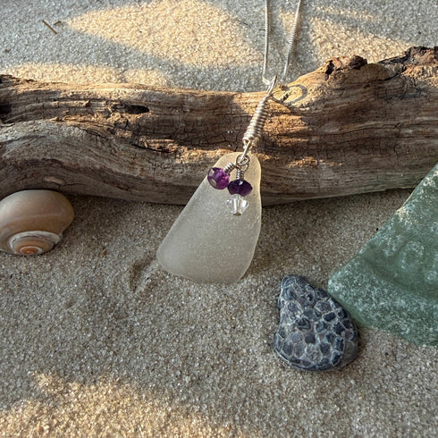 Cape May Clear Sea Glass Pendant with Amethyst and Crystal Accents Cape May Jewelry