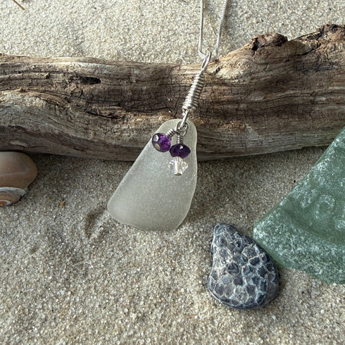Cape May Clear Sea Glass Pendant with Amethyst and Crystal Accents Cape May Jewelry