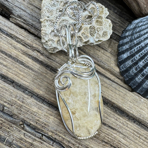 One-of-a-Kind Cape May Stone Pendant - Tan Translucent Quartz Wire Wrapped in Sterling Silver, 1.75-Inch Cape May Jewelry