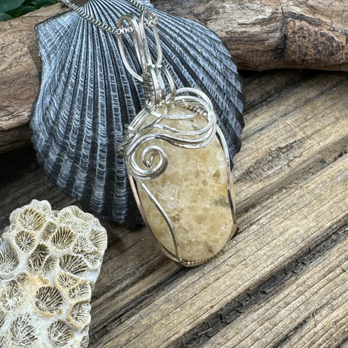 One-of-a-Kind Cape May Stone Pendant - Tan Translucent Quartz Wire Wrapped in Sterling Silver, 1.75-Inch Cape May Jewelry