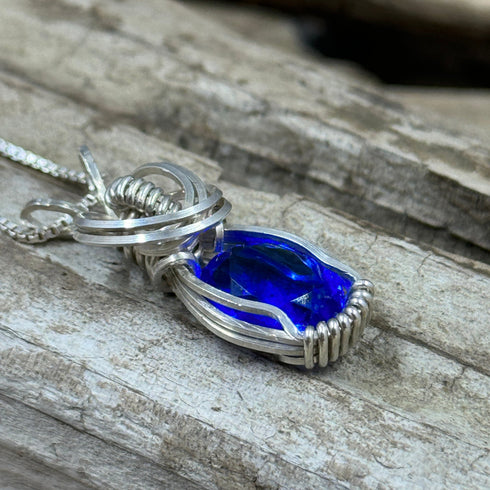 Vintage Blue Glass Gemstone Wire-wrapped Pendant Charms & Pendants