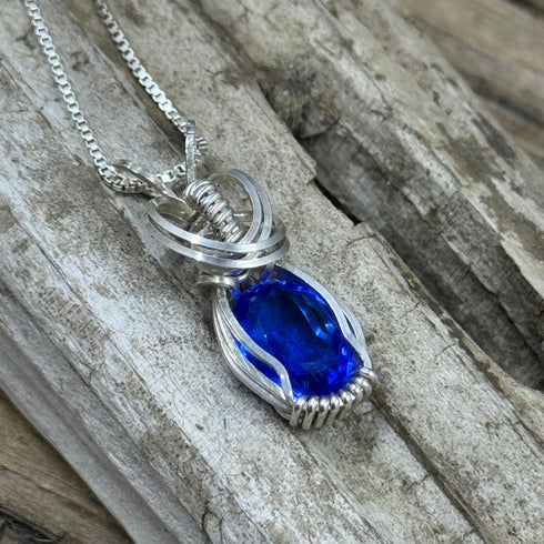 Vintage Blue Glass Gemstone Wire-wrapped Pendant Charms & Pendants