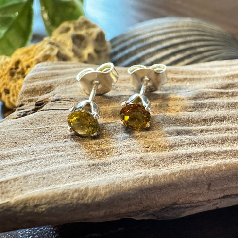 4mm Dark Yellow-Green Topaz Stud Earrings - Sterling Silver with Sparkle Earrings