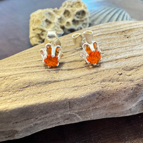 4mm Round Faceted Fire Opal Sterling Silver Stud Earrings - Six-Prong Setting Earrings