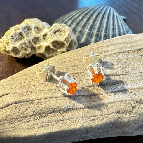 4mm Round Faceted Fire Opal Sterling Silver Stud Earrings - Six-Prong Setting Earrings