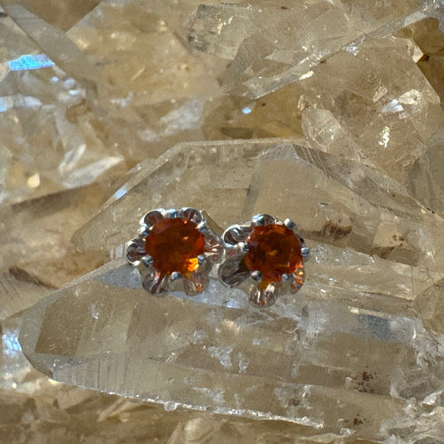 4mm Round Faceted Fire Opal Sterling Silver Stud Earrings - Six-Prong Setting Earrings