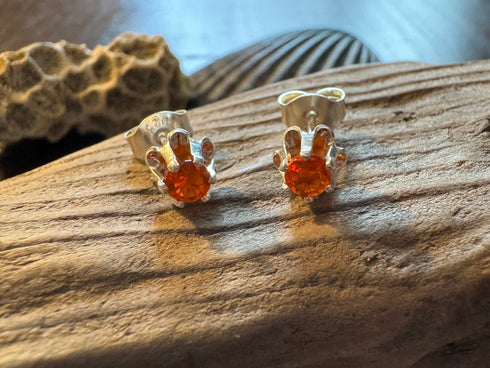 4mm Round Faceted Fire Opal Sterling Silver Stud Earrings - Six-Prong Setting Earrings