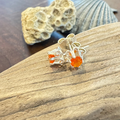 4mm Round Faceted Fire Opal Sterling Silver Stud Earrings - Six-Prong Setting Earrings