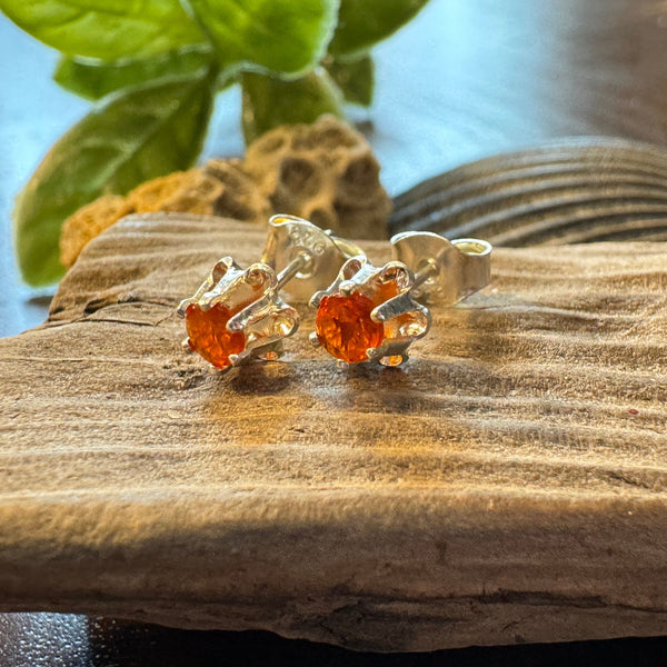 4mm Round Faceted Fire Opal Sterling Silver Stud Earrings - Six-Prong Setting Earrings