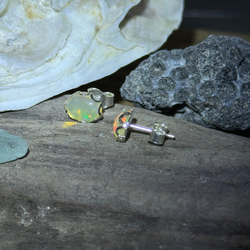 Ethiopian Welo Opal Earrings in Sterling Silver – Oval 8x10mm Gems with Colorful Fire Earrings