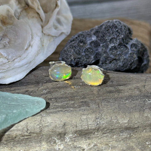 Ethiopian Welo Opal Earrings in Sterling Silver – Oval 8x10mm Gems with Colorful Fire Earrings