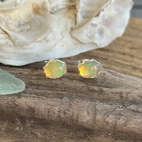 Ethiopian Welo Opal Earrings in Sterling Silver – Oval 8x10mm Gems with Colorful Fire Earrings