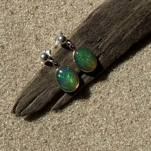 Ethiopian Welo Opal Stud Earrings in Sterling Silver – 8x10mm Oval with Play of Color Earrings