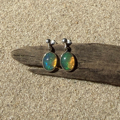 Ethiopian Welo Opal Stud Earrings in Sterling Silver – 8x10mm Oval with Play of Color Earrings