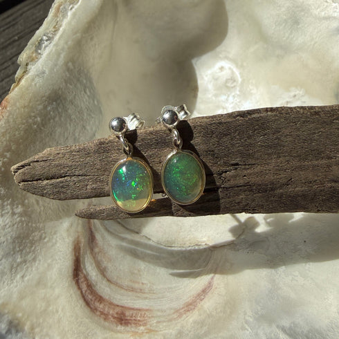 Ethiopian Welo Opal Stud Earrings in Sterling Silver – 8x10mm Oval with Play of Color Earrings