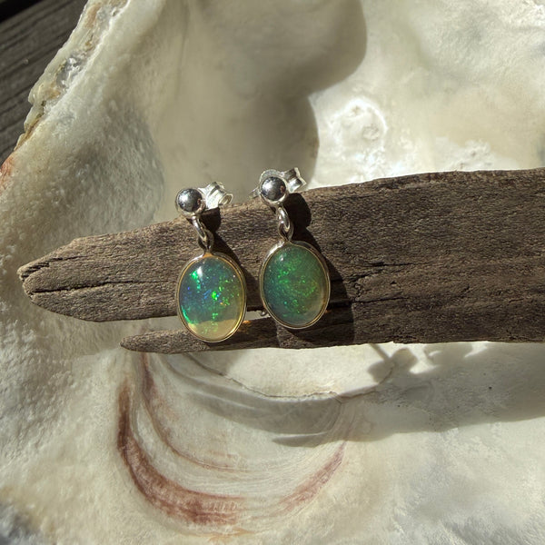 Ethiopian Welo Opal Stud Earrings in Sterling Silver – 8x10mm Oval with Play of Color Earrings