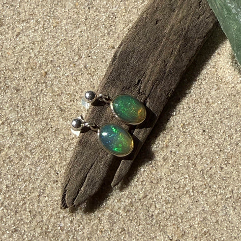 Ethiopian Welo Opal Stud Earrings in Sterling Silver – 8x10mm Oval with Play of Color Earrings