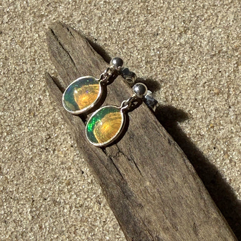 Ethiopian Welo Opal Stud Earrings in Sterling Silver – 8x10mm Oval with Play of Color Earrings