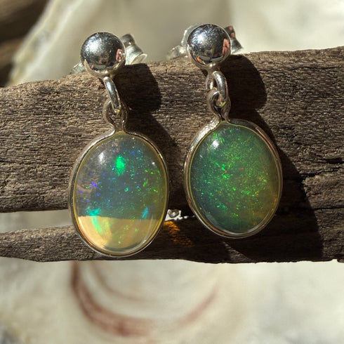 Ethiopian Welo Opal Stud Earrings in Sterling Silver – 8x10mm Oval with Play of Color Earrings