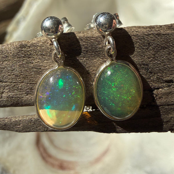 Ethiopian Welo Opal Stud Earrings in Sterling Silver – 8x10mm Oval with Play of Color Earrings