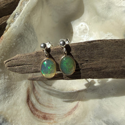 Ethiopian Welo Opal Stud Earrings in Sterling Silver – 8x10mm Oval with Play of Color Earrings