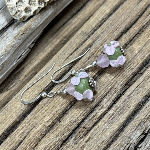 Olive and Pink Flower Lampwork Glass Earrings Earrings
