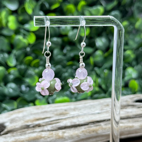Olive and Pink Flower Lampwork Glass Earrings Earrings