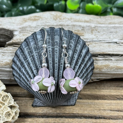 Olive and Pink Flower Lampwork Glass Earrings Earrings