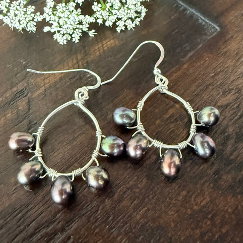 Peacock Pearl Wire Wrapped Hoop Earrings Earrings