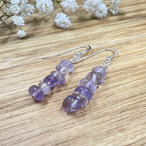 Tumbled Amethyst Drop Earrings, 1.5" Sterling Hooks Earrings
