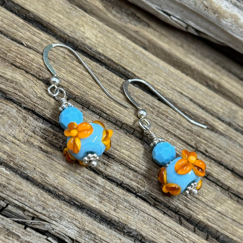 Turquoise and Apricot Flower Lampwork Earrings Earrings