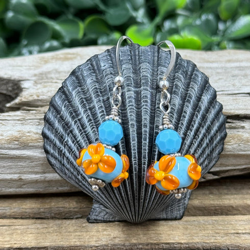 Turquoise and Apricot Flower Lampwork Earrings Earrings