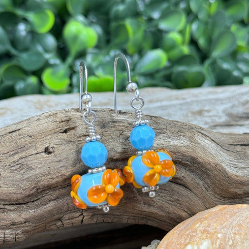 Turquoise and Apricot Flower Lampwork Earrings Earrings